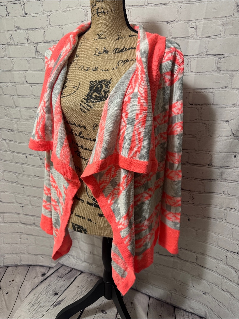 B Sharp cardigan sweater vibrant Aztec tribal pattern open-front waterfall style